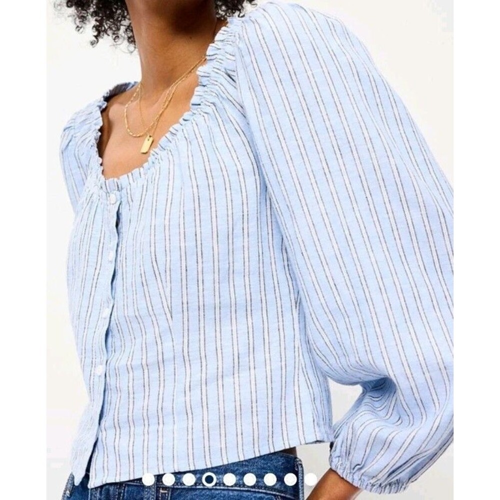 NWT Women's Old Navy Long Sleeve Linen Blend Button Down Top Size L Blue Strp N6